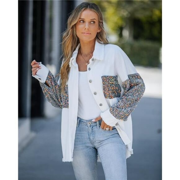 Sequin Patchwork Oversized Denim Shacket Long Sleeve Button Up Jacket Women - Picture 4 of 7